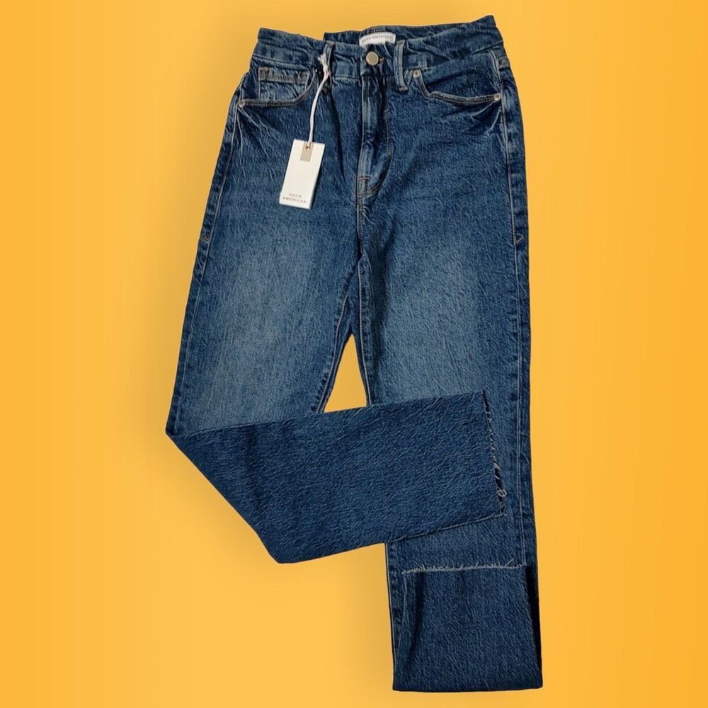 NEW Good American Jeans Size 2/26 Good Classic Denim High Rise Waist Raw Hem -a